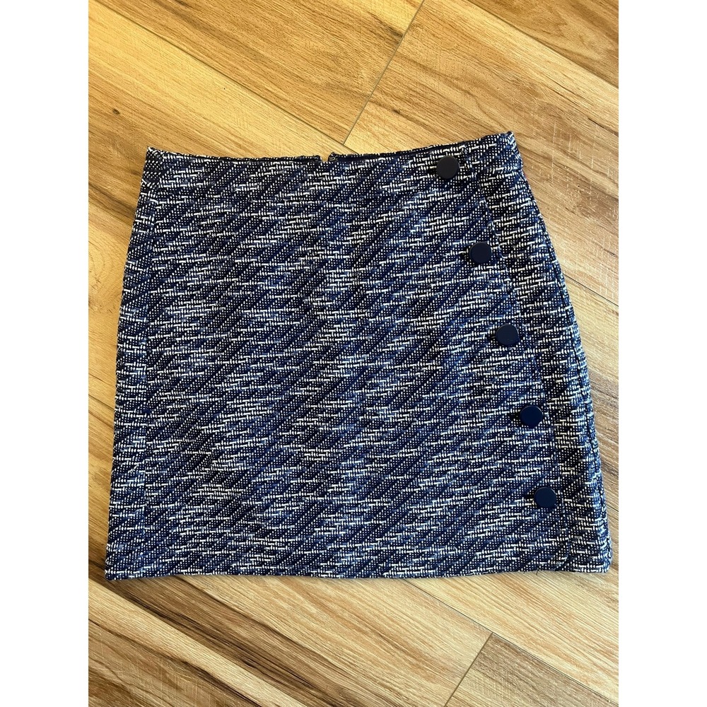 Sz 4 Loft Navy Blue White Tweed Mini Skirt Side Button A-Line Office Minimalist
